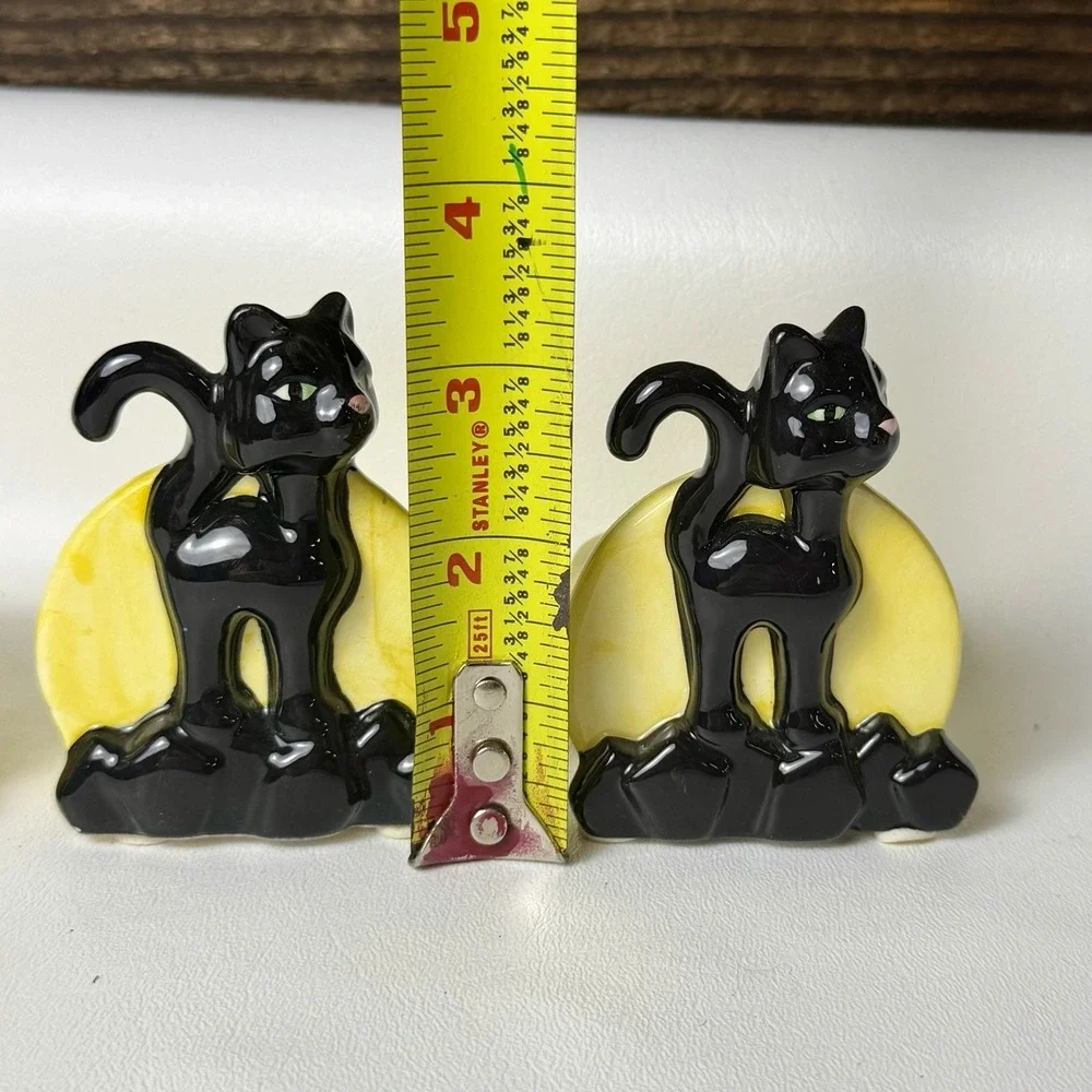 Black KITTY Cat Yellow Moon Tea Light Holder Halloween Pink Nose Set Of 3